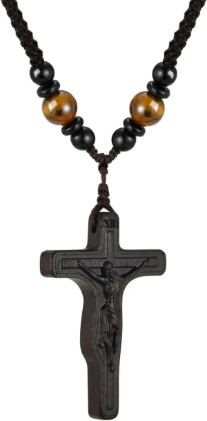 MEALGUET Handmade Wooden Crucifix Cross Necklace with Jesus - Natural Ebony Wood Braided Cord Cross Necklace for Men Women Religious Jewelry,Catholic Gift for Baptism Confirmation Easter
