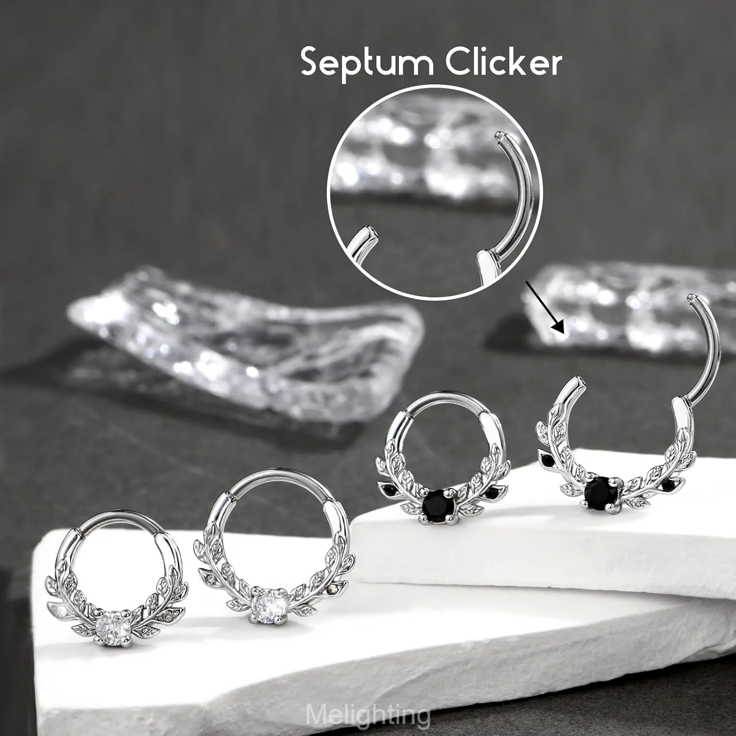 Melighting 16g Vine Septum Ring Jewelry Clear CZ Stainless Steel 316L Daith Earring For Women, Septum Clicker For Men