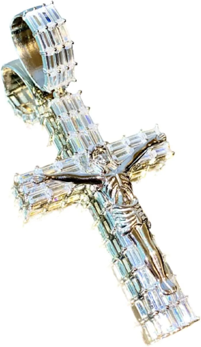 Men Women 925 Italy White Gold Finish Iced Jesus Cross Charm Ice Out Pendant, Men's Jewelry, Iced Pendant, Small, Medium, Large