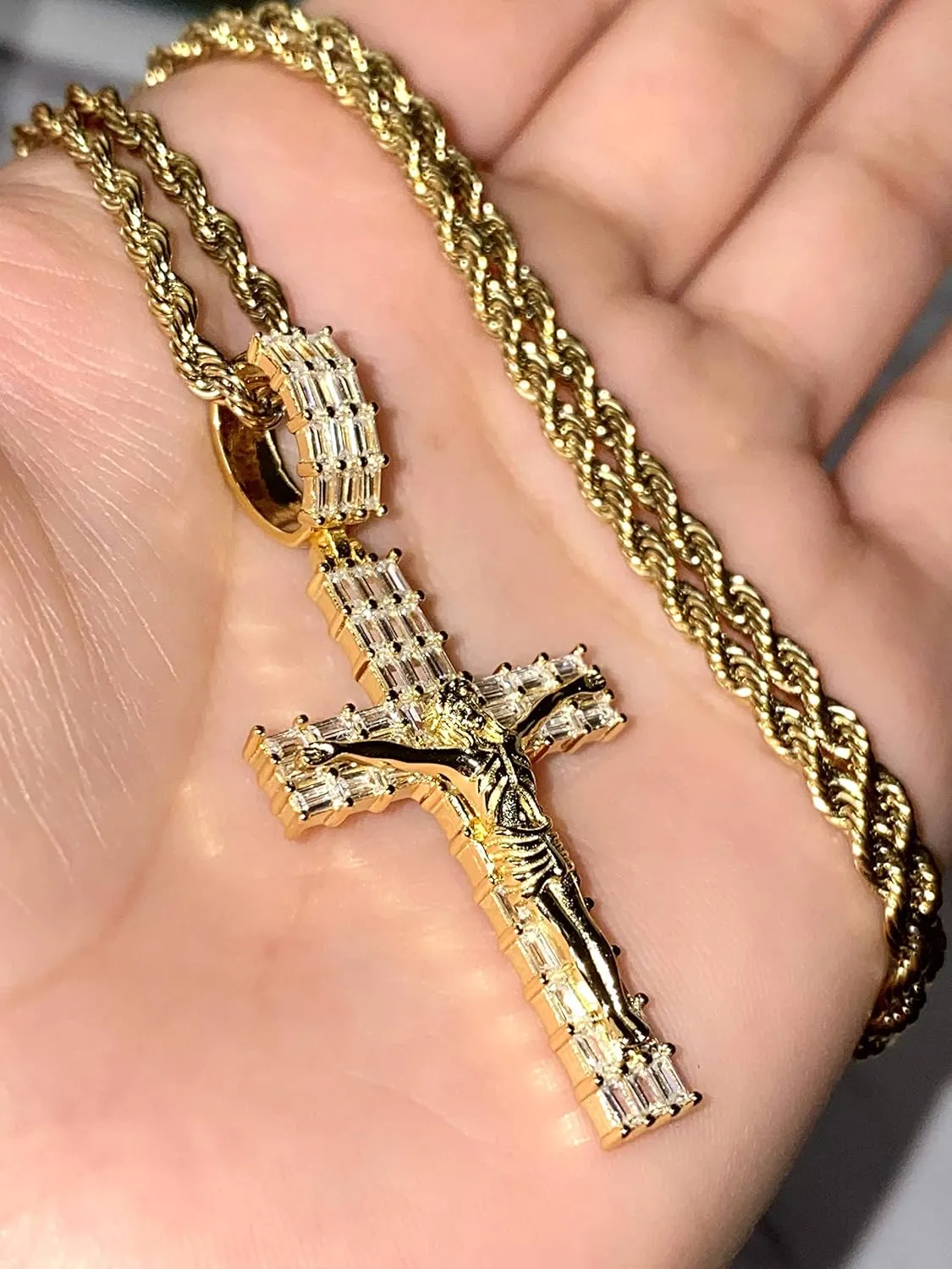 Men Women Baguette 925 Italy Iced Silver Iced Designer Jesus Cross Medium Pendant Charm Ice Out Pendant Stainless Steel Real 2 mm Rope Chain Necklace, Mens Jewelry, Iced Pendant, Rope Necklace