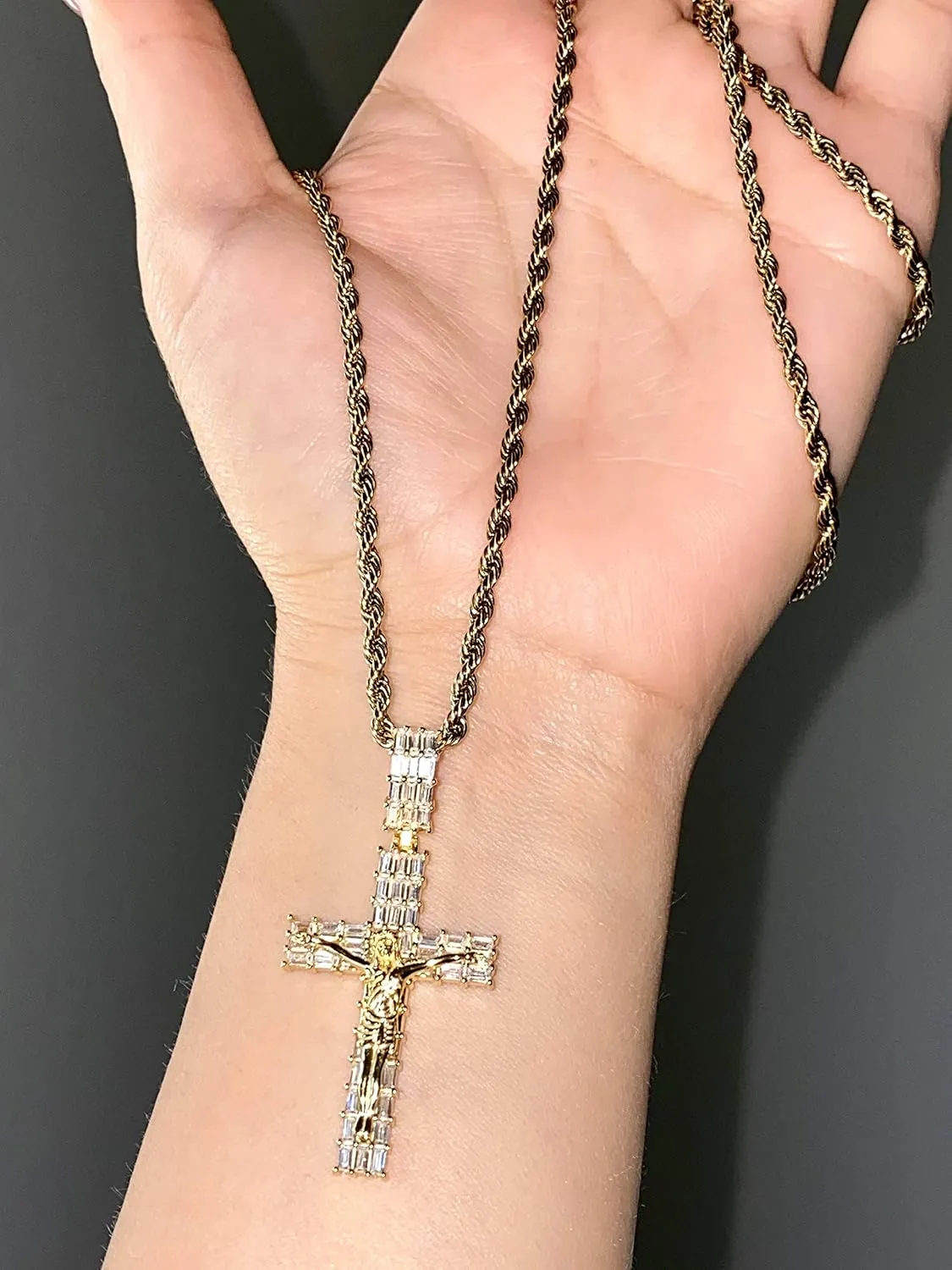 Men Women Baguette 925 Italy Iced Silver Iced Designer Jesus Cross Medium Pendant Charm Ice Out Pendant Stainless Steel Real 2 mm Rope Chain Necklace, Mens Jewelry, Iced Pendant, Rope Necklace