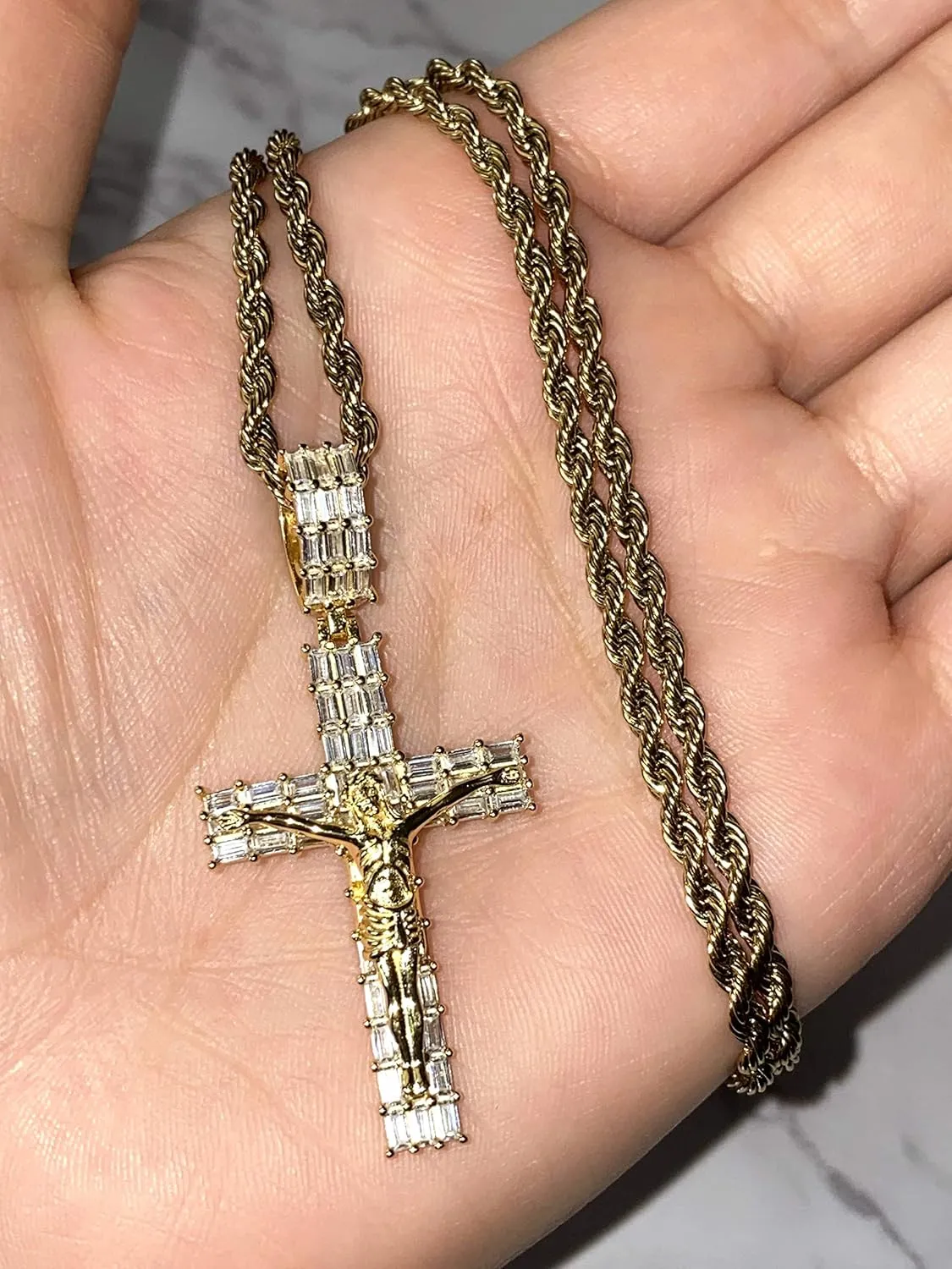 Men Women Baguette 925 Italy Iced Silver Iced Designer Jesus Cross Medium Pendant Charm Ice Out Pendant Stainless Steel Real 2 mm Rope Chain Necklace, Mens Jewelry, Iced Pendant, Rope Necklace