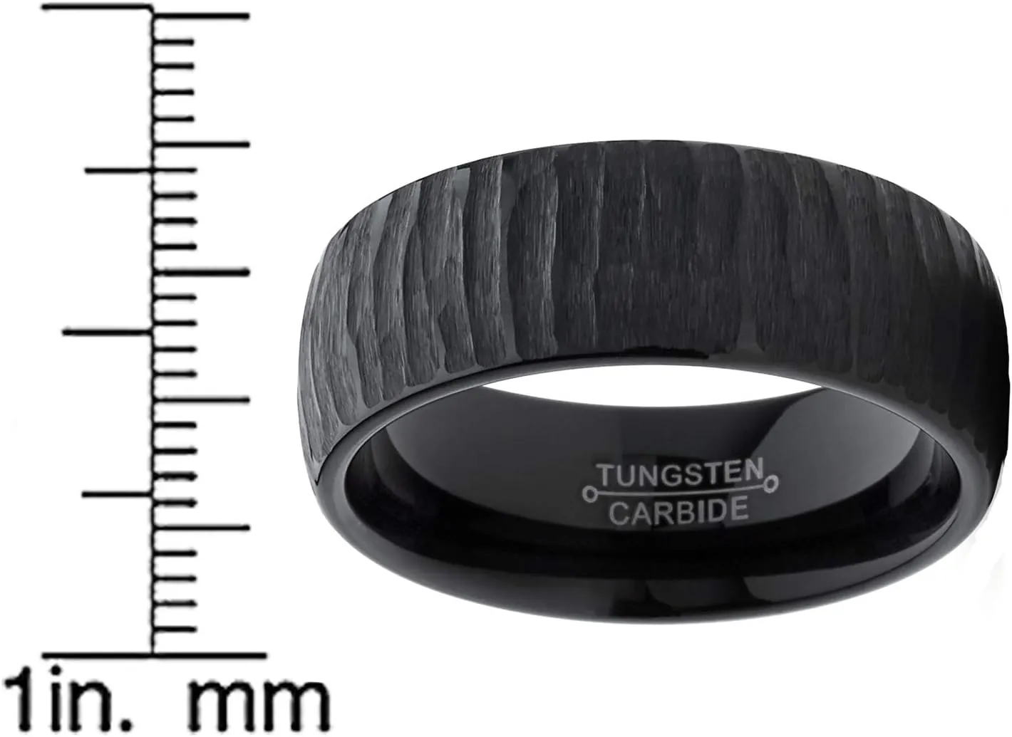 Men's Black Tungsten Carbide Dome Wedding Band Engagement Ring Chieseled Tree Bark Textured Design