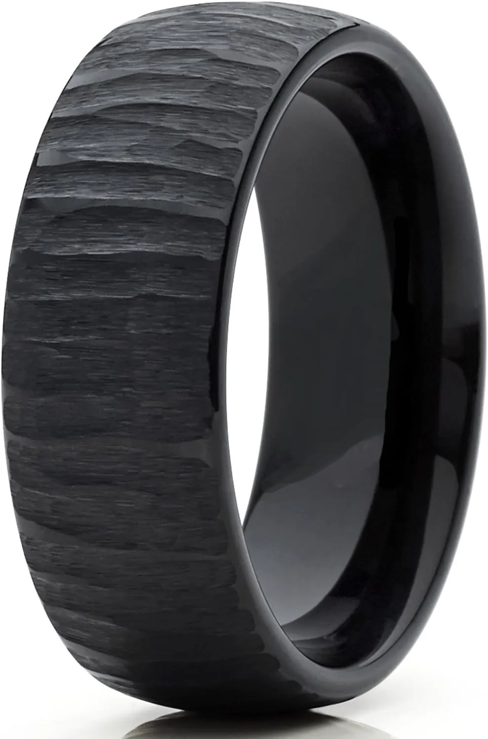 Men's Black Tungsten Carbide Dome Wedding Band Engagement Ring Chieseled Tree Bark Textured Design