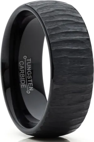 Men's Black Tungsten Carbide Dome Wedding Band Engagement Ring Chieseled Tree Bark Textured Design