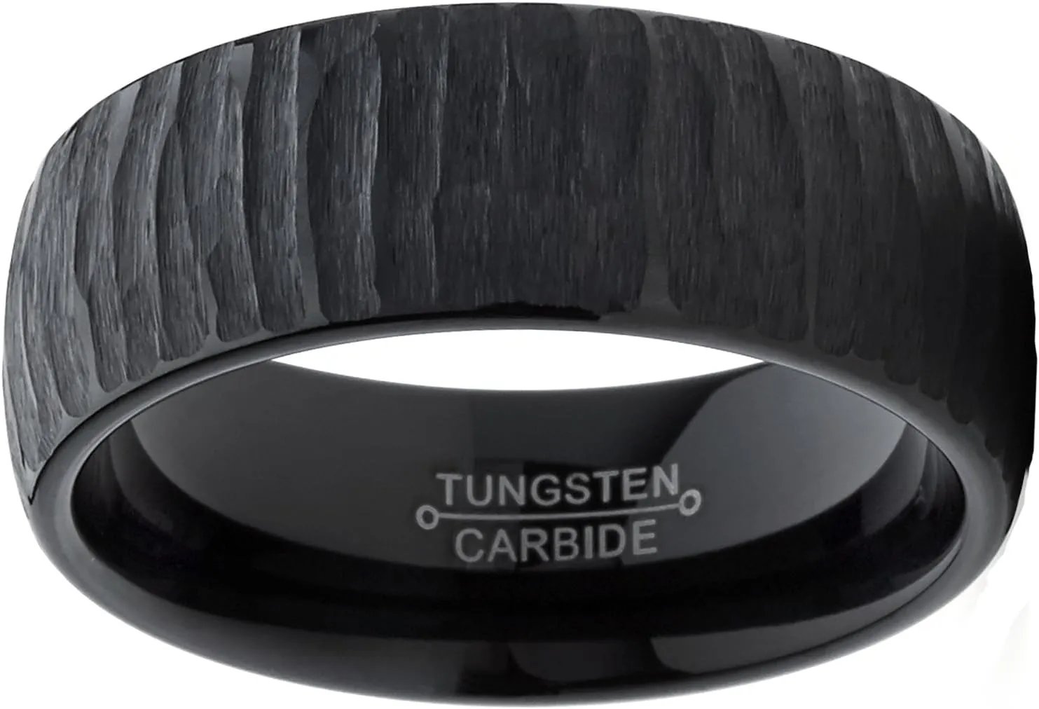 Men's Black Tungsten Carbide Dome Wedding Band Engagement Ring Chieseled Tree Bark Textured Design