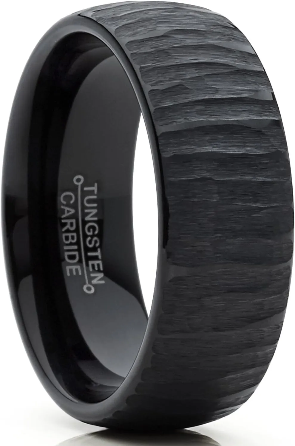 Men's Black Tungsten Carbide Dome Wedding Band Engagement Ring Chieseled Tree Bark Textured Design