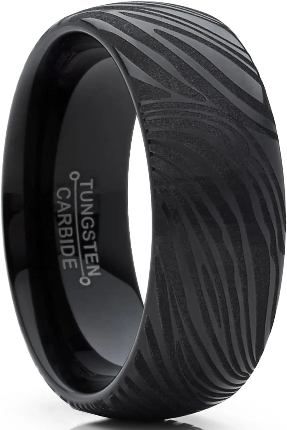 Men's Black Tungsten Carbide Dome Wedding Band Engagement Ring with Damascus Style Texture 8mm 7-15