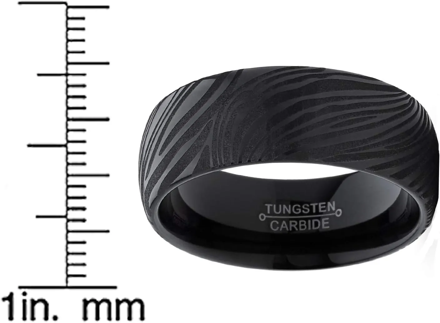 Men's Black Tungsten Carbide Dome Wedding Band Engagement Ring with Damascus Style Texture 8mm 7-15