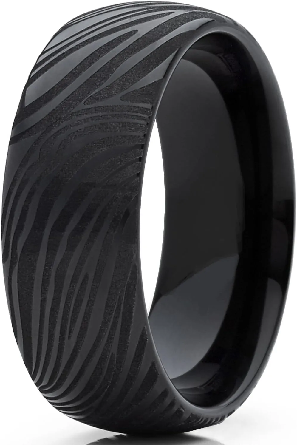 Men's Black Tungsten Carbide Dome Wedding Band Engagement Ring with Damascus Style Texture 8mm 7-15