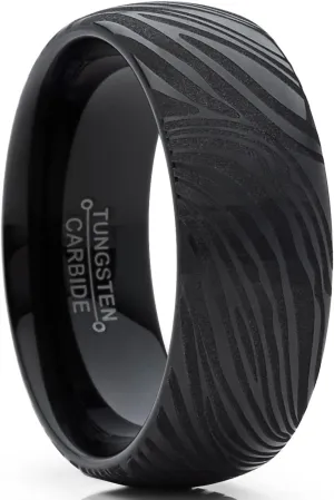 Men's Black Tungsten Carbide Dome Wedding Band Engagement Ring with Damascus Style Texture 8mm 7-15