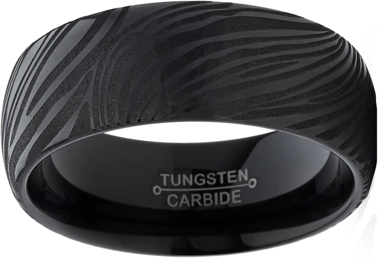 Men's Black Tungsten Carbide Dome Wedding Band Engagement Ring with Damascus Style Texture 8mm 7-15