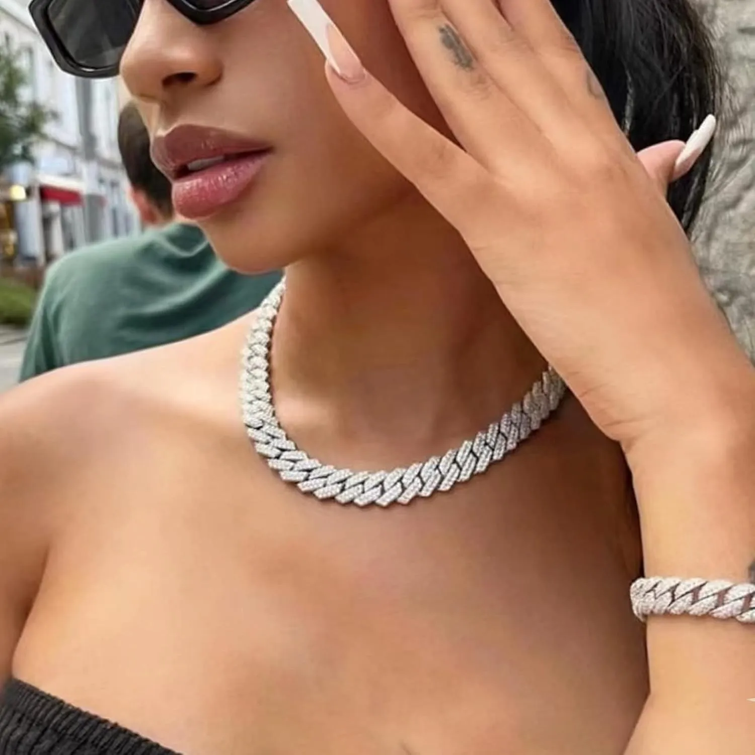 Mens Cuban Link Chain Silver/Gold 8''16''18''20''22''24'' Necklace Iced Out Thick Chain For Women Bling Diamond Cut Cuban Link Chains For Men Hip Hop Jewelry