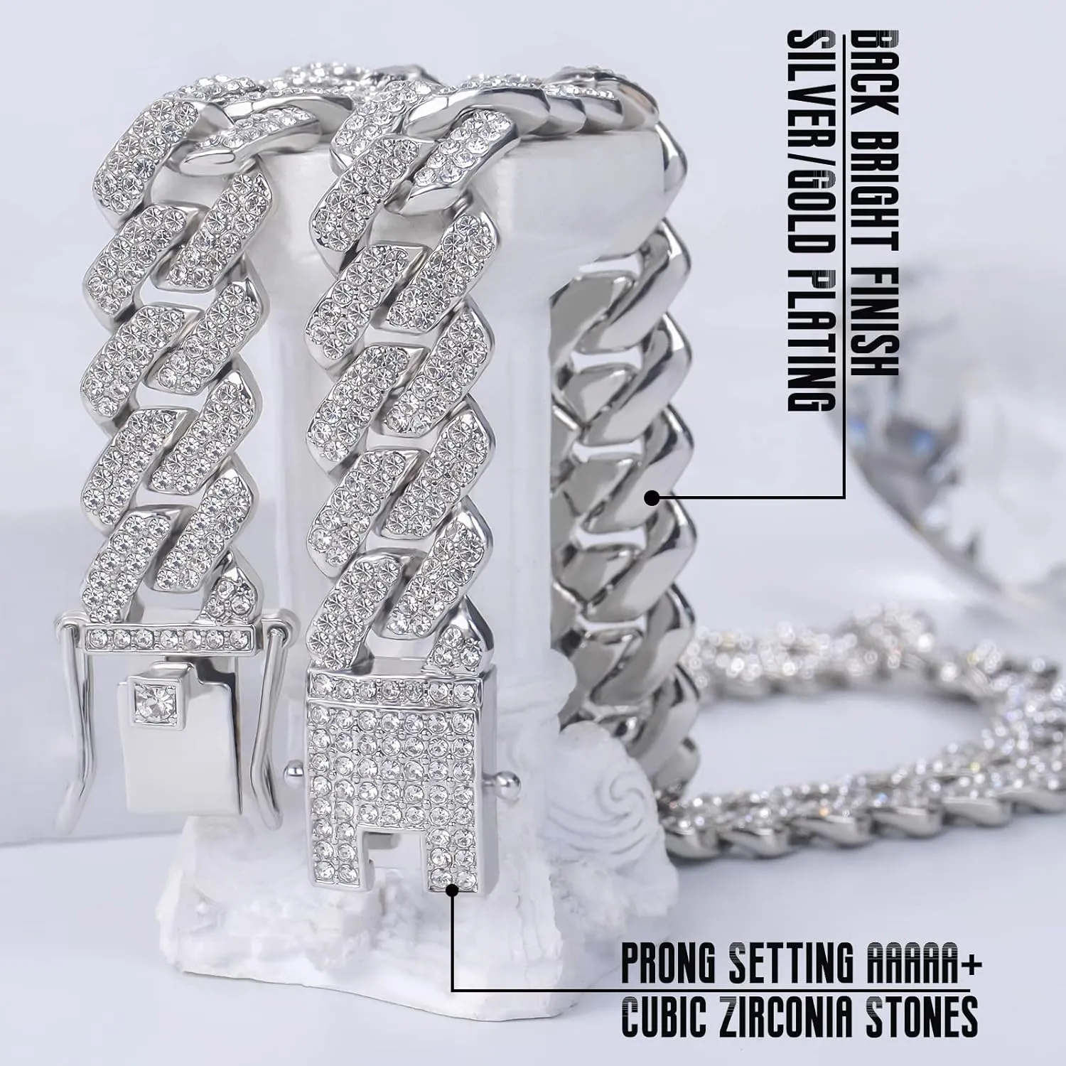 Mens Cuban Link Chain Silver/Gold 8''16''18''20''22''24'' Necklace Iced Out Thick Chain For Women Bling Diamond Cut Cuban Link Chains For Men Hip Hop Jewelry