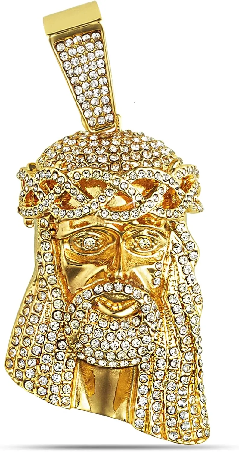 Men's Large Iced Bling Out Gold Plated Jesus Head Pendant - XL Size, Fully Iced Out with Diamond Simulant Stones, Religious Statement