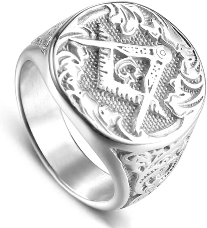 Men's Stainless Steel Gold Plated Freemason Masonic Ring Vintage Master Mason Signet Rings