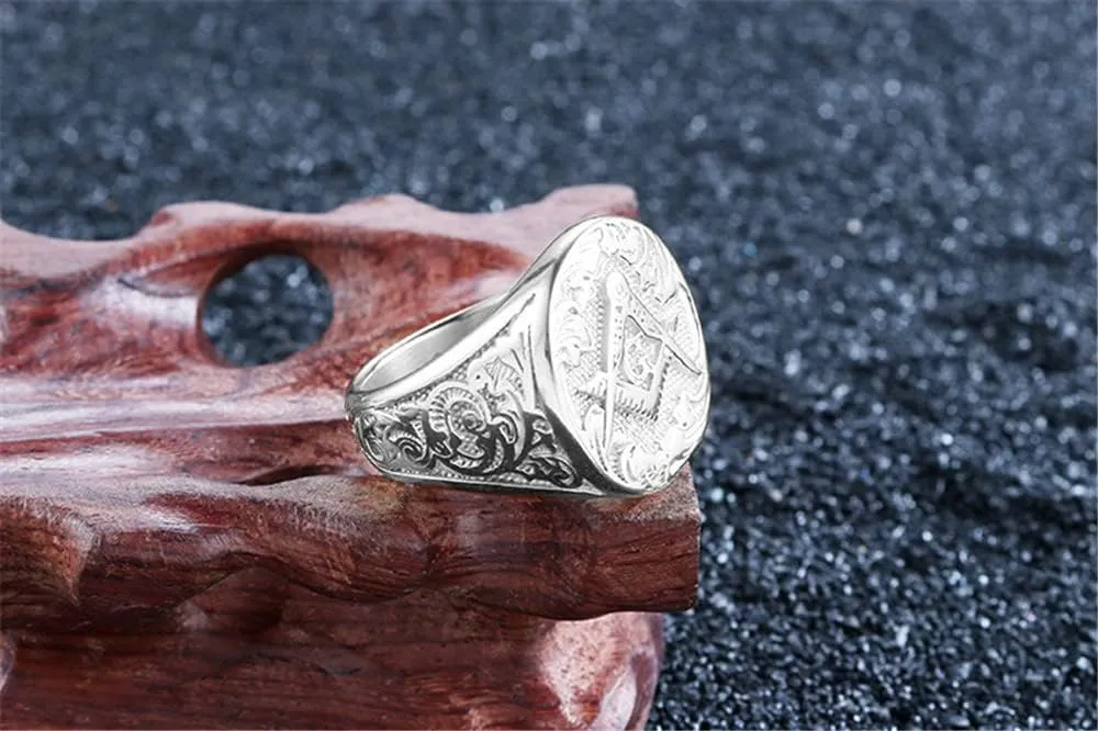 Men's Stainless Steel Gold Plated Freemason Masonic Ring Vintage Master Mason Signet Rings