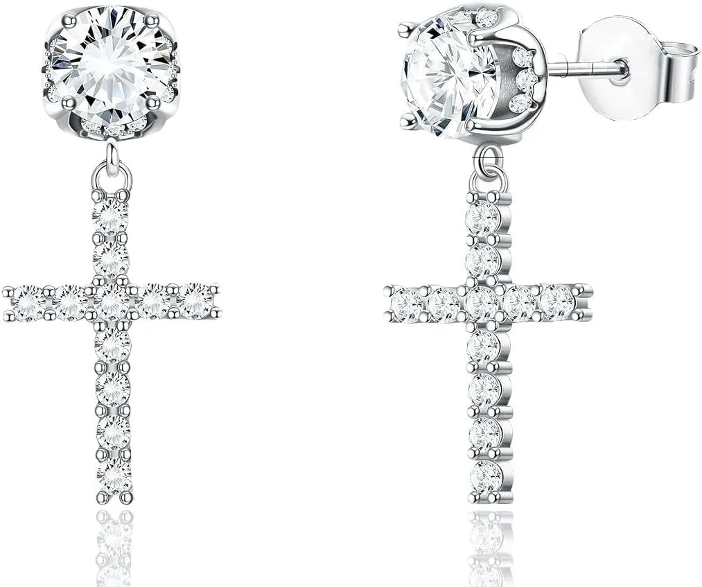 Mens Stud Cross Earrings Dangle Drop Hoop CZ Iced Out Sterling Silver (Silver)