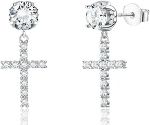 Mens Stud Cross Earrings Dangle Drop Hoop CZ Iced Out Sterling Silver (Silver)