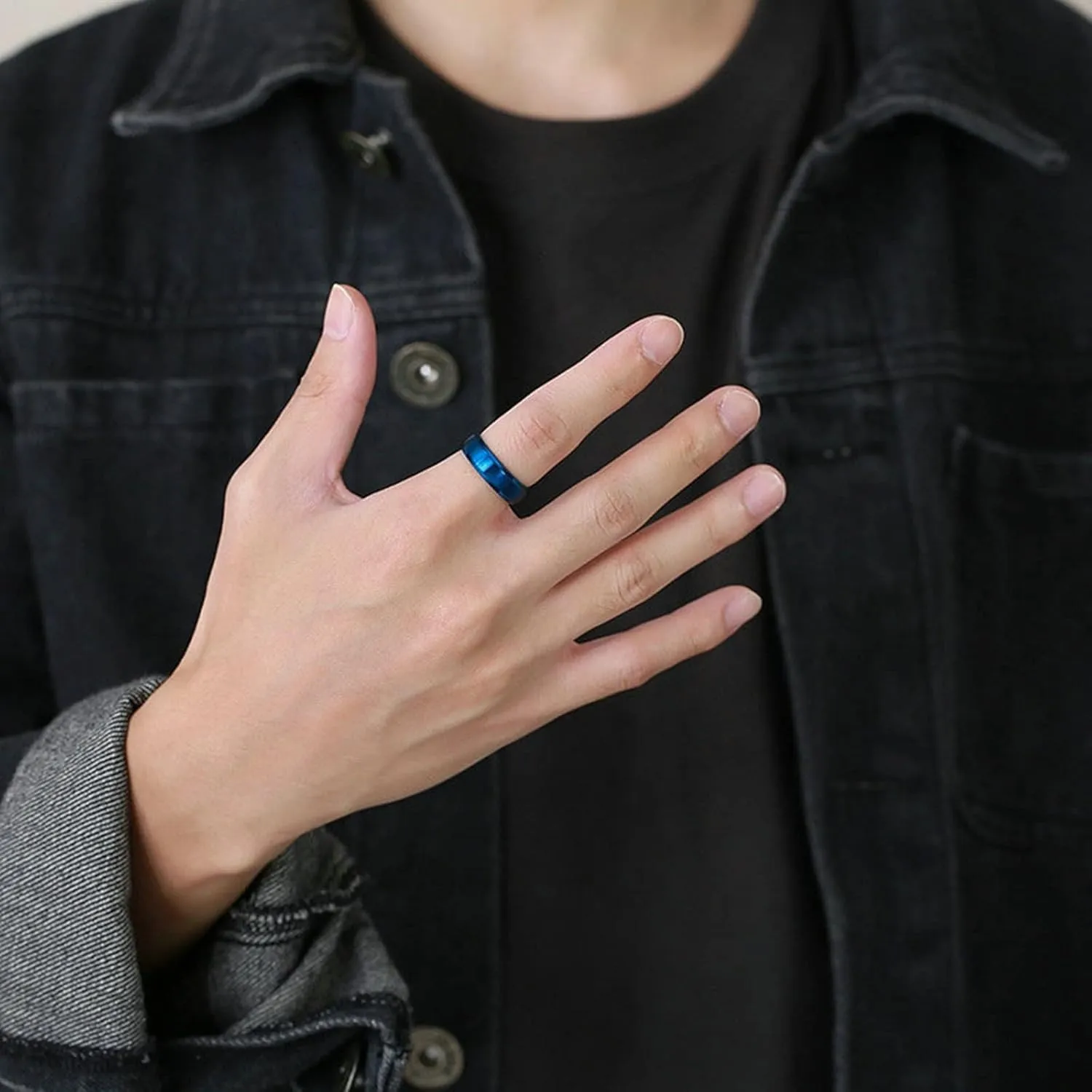 Metal Ring Set, Stainless Steel Wedding Rings 6mm Blue Brushed Beveled Edge Wedding Bands for Him Her Size 6-12