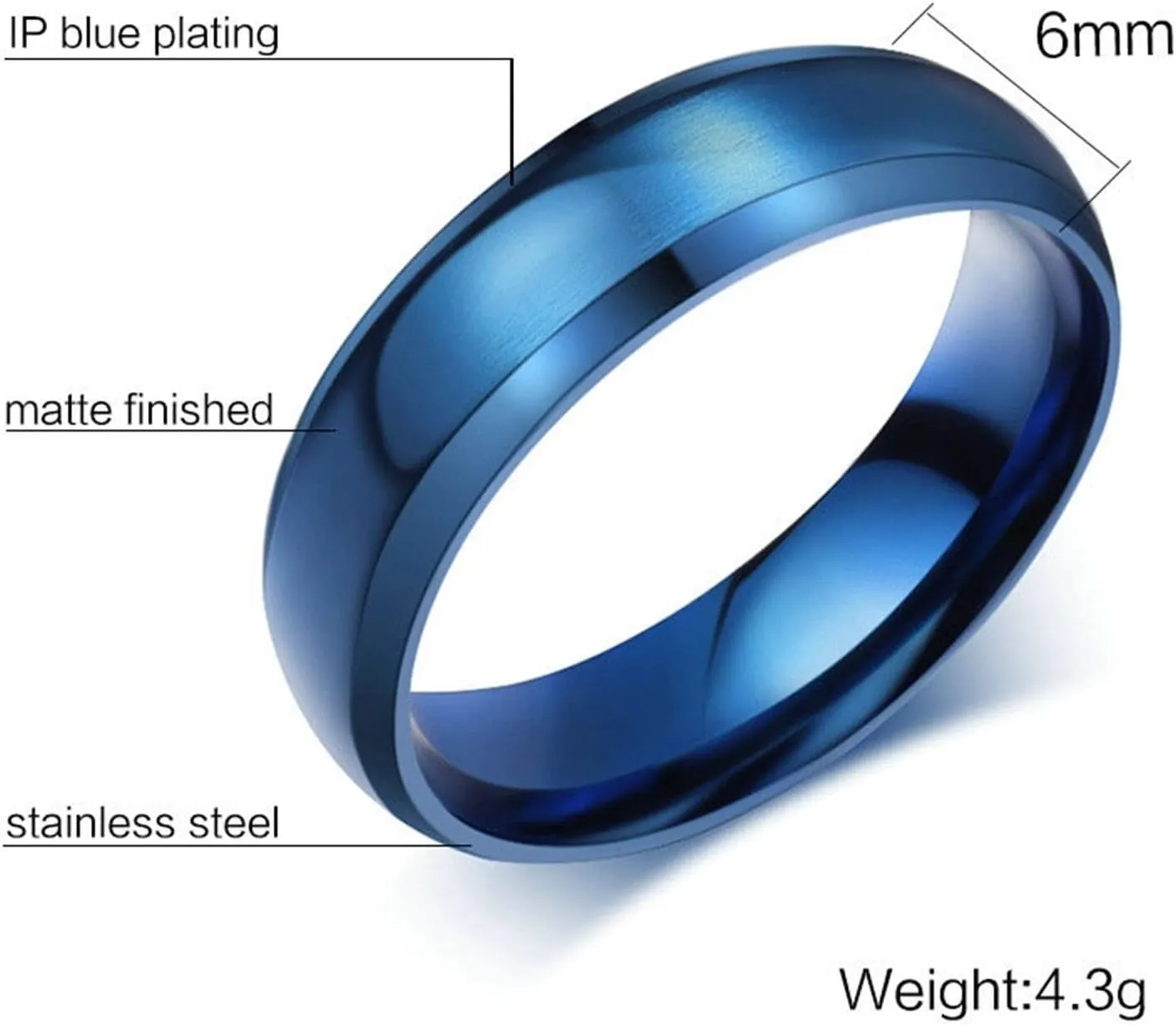 Metal Ring Set, Stainless Steel Wedding Rings 6mm Blue Brushed Beveled Edge Wedding Bands for Him Her Size 6-12