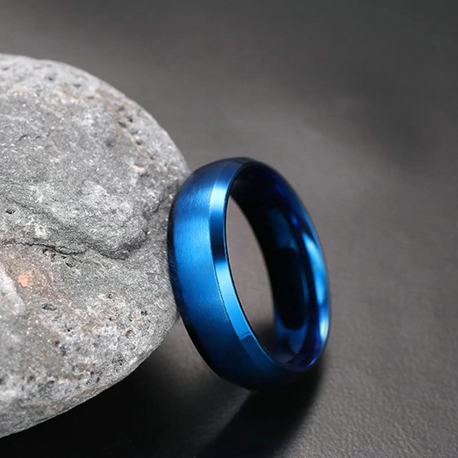 Metal Ring Set, Stainless Steel Wedding Rings 6mm Blue Brushed Beveled Edge Wedding Bands for Him Her Size 6-12