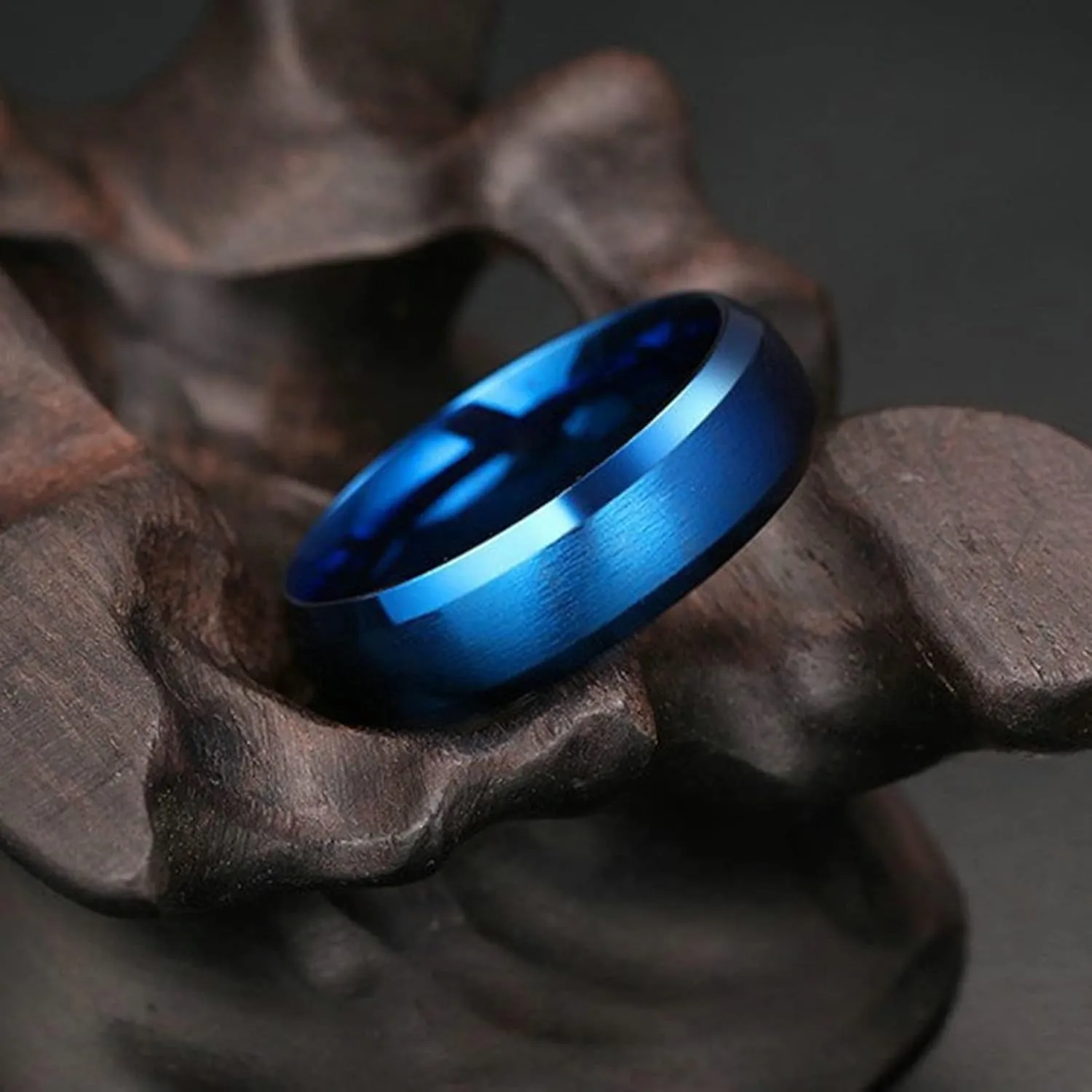 Metal Ring Set, Stainless Steel Wedding Rings 6mm Blue Brushed Beveled Edge Wedding Bands for Him Her Size 6-12