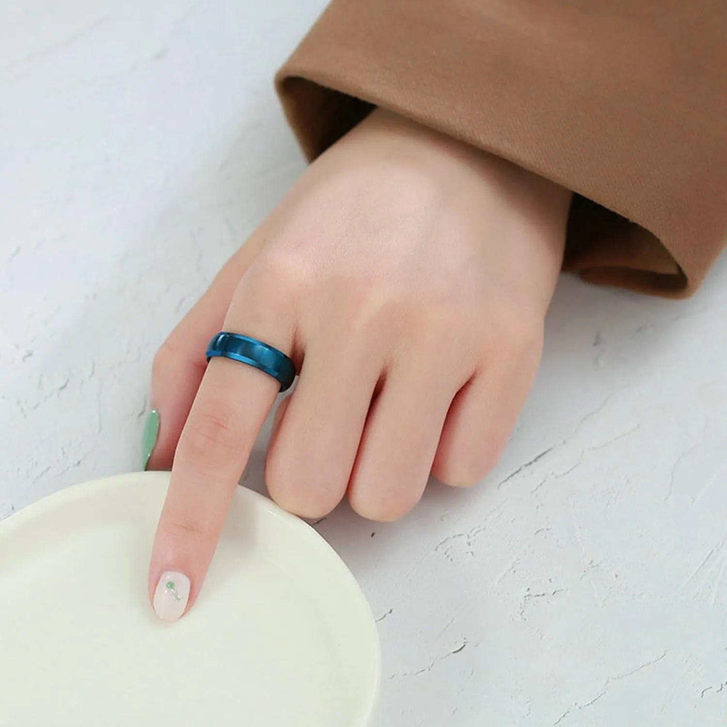 Metal Ring Set, Stainless Steel Wedding Rings 6mm Blue Brushed Beveled Edge Wedding Bands for Him Her Size 6-12