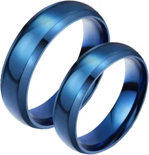 Metal Ring Set, Stainless Steel Wedding Rings 6mm Blue Brushed Beveled Edge Wedding Bands for Him Her Size 6-12