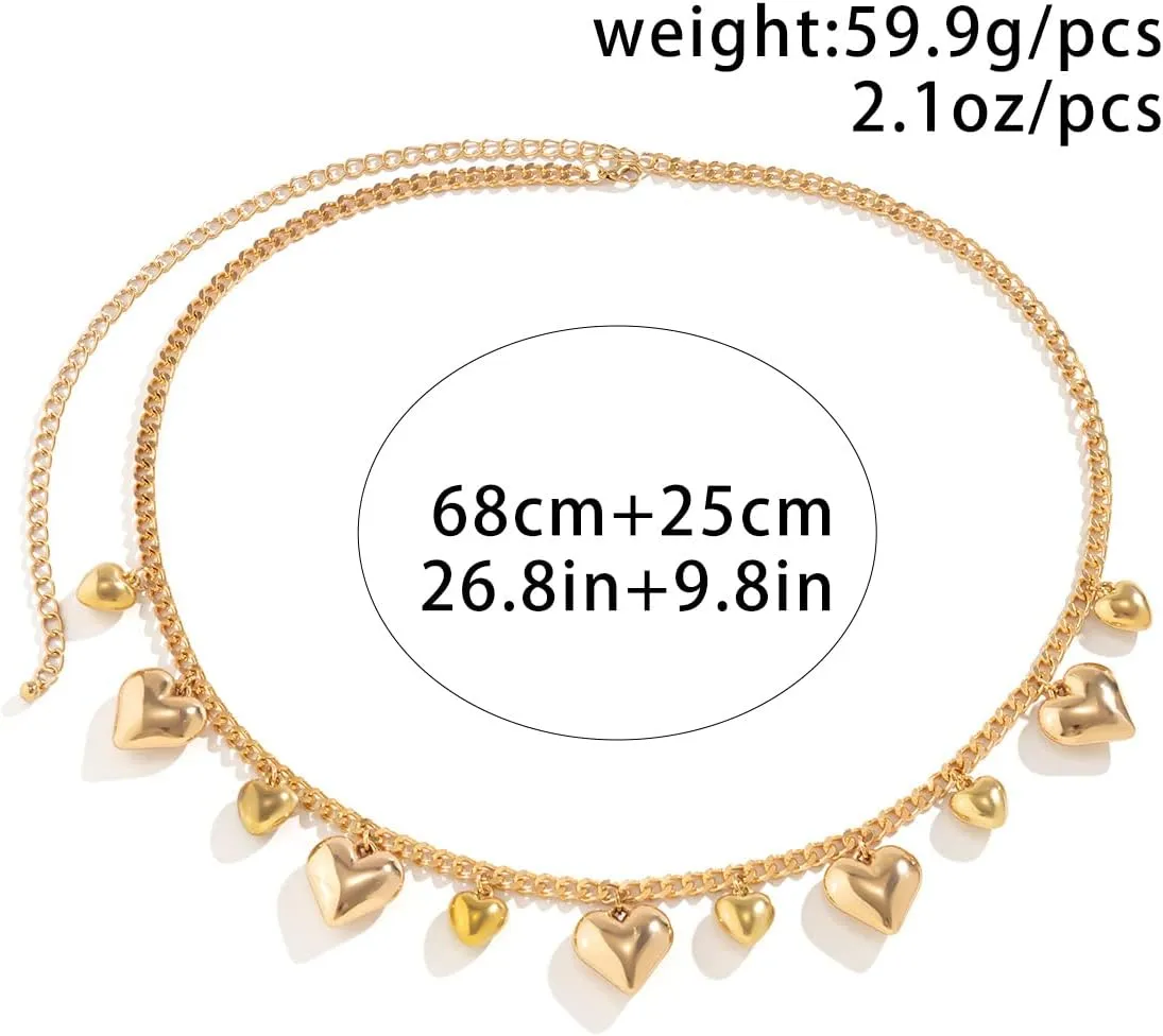 Metal Waist Chain Body Jewelry for Women Adjustable Love Heart Pendant Belt Chain Summer Body Chain Beach Belly Chains Waist Jewelry for Women Girls