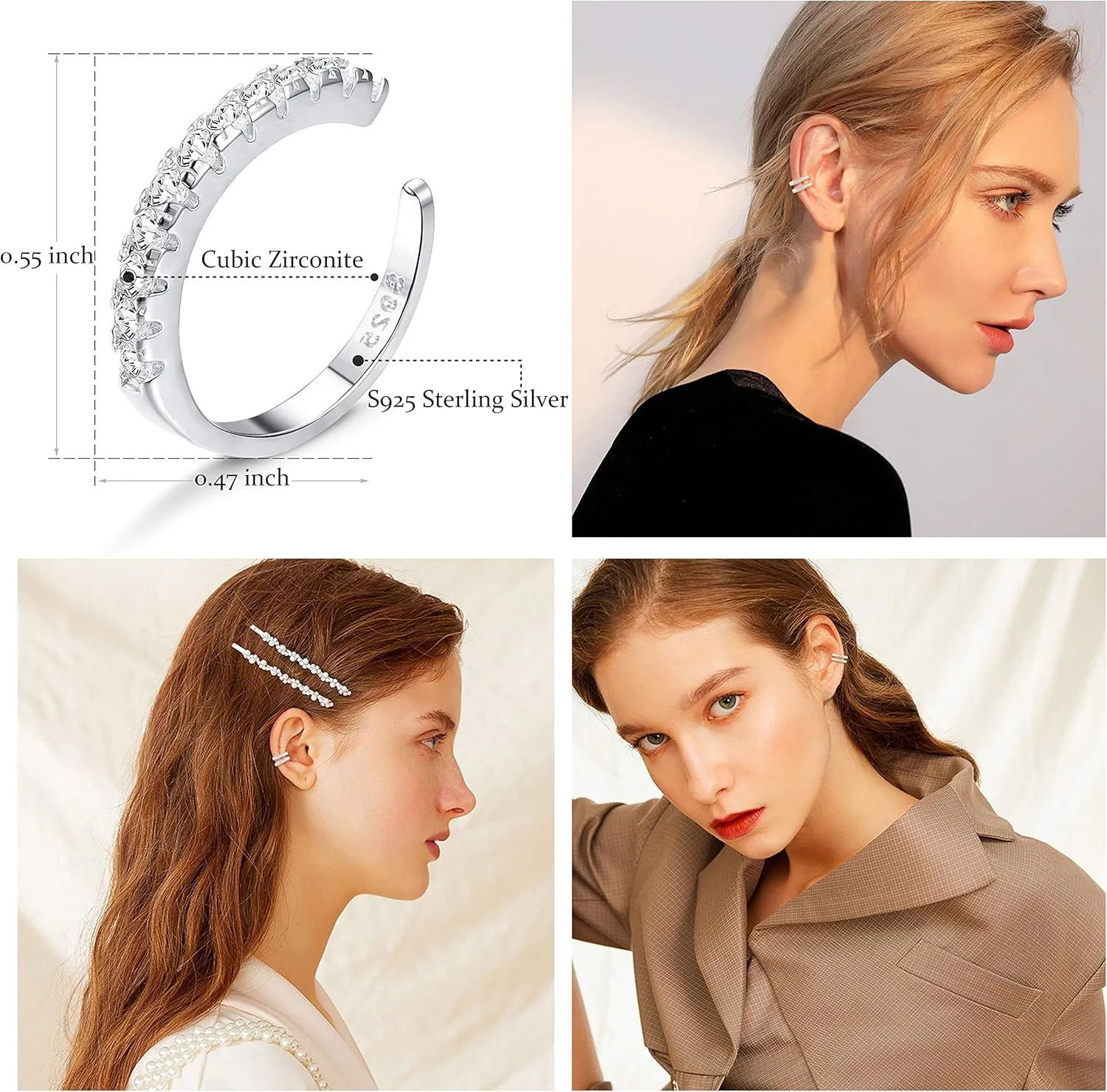 Milacolato 925 Sterling Silver CZ Pave Ear Cuffs Small Hoop Earrings for Womens Cubic Zirconia Huggie Non Piercing Earrings