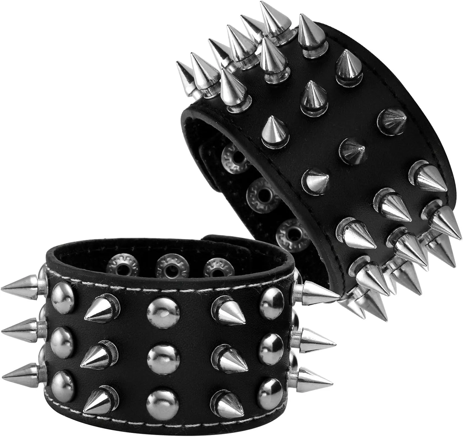 MILAKOO 2 Pcs Black Wristband Cuff Belt Bracelet Bangle Leather Rope Black Punk Rock Bracelet 6-8"