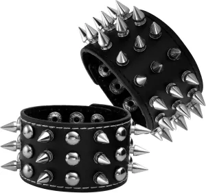 MILAKOO 2 Pcs Black Wristband Cuff Belt Bracelet Bangle Leather Rope Black Punk Rock Bracelet 6-8"