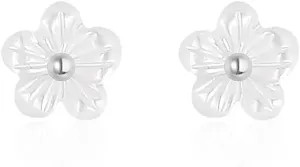 Minimalist Shell Pearl Flower 925 Sterling Silver Tiny Mini Cartilage Stud Earrings for Women Hypoallergenic Dainty Cute Small Floral Daisy Flower Piercing Post Pin Fashion Jewelry Gift Her