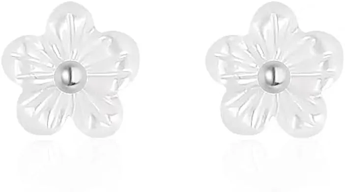 Minimalist Shell Pearl Flower 925 Sterling Silver Tiny Mini Cartilage Stud Earrings for Women Hypoallergenic Dainty Cute Small Floral Daisy Flower Piercing Post Pin Fashion Jewelry Gift Her