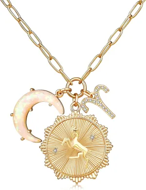MISS RIGHT Gold Zodiac Sign Coin Necklace with Opal Crescent Moon Charm for Women Trendy, Dainty Gold Paperclip Chain 12 Constellation Horoscope Necklaces Astrology Jewelry Gifts