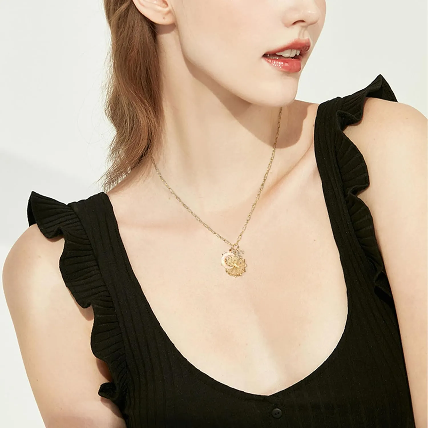 MISS RIGHT Gold Zodiac Sign Coin Necklace with Opal Crescent Moon Charm for Women Trendy, Dainty Gold Paperclip Chain 12 Constellation Horoscope Necklaces Astrology Jewelry Gifts