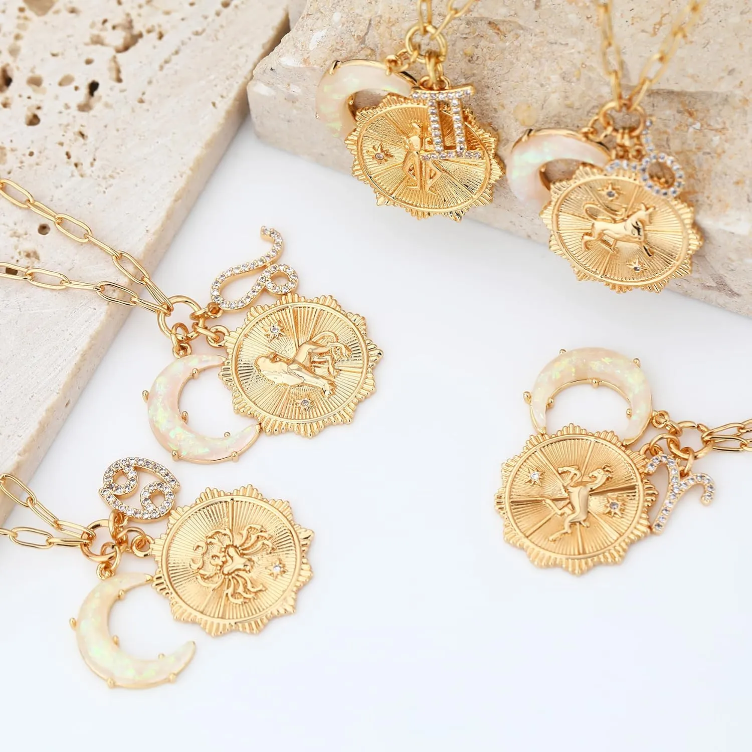MISS RIGHT Gold Zodiac Sign Coin Necklace with Opal Crescent Moon Charm for Women Trendy, Dainty Gold Paperclip Chain 12 Constellation Horoscope Necklaces Astrology Jewelry Gifts