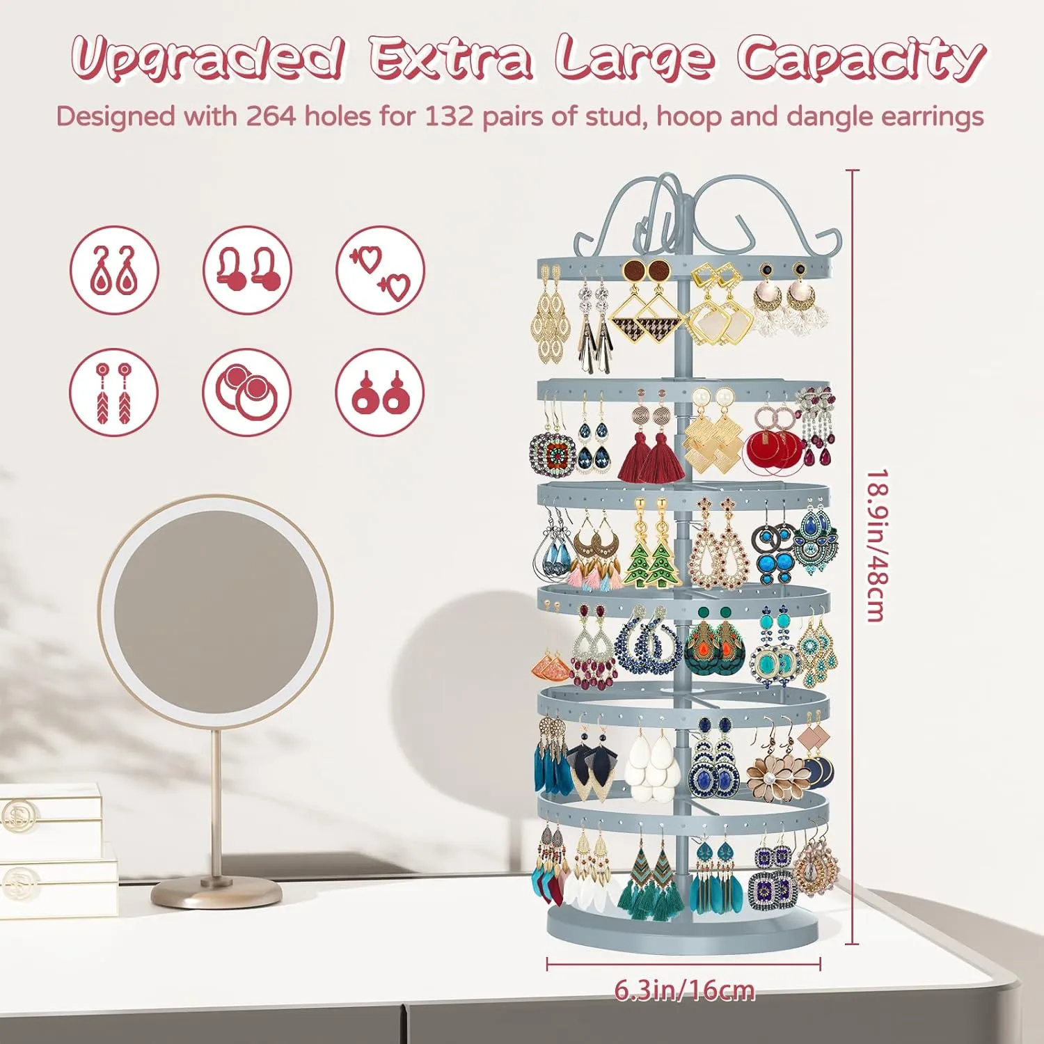 MODOWEY 6 Tier Rotating Metal Earring Holder Organizer Stand Adjustable Display Tree for Women, 264 Holes Large Storage Rack for Stud Post Dangling Hoop, Keep Earrings Neatly Arranged(Grey)