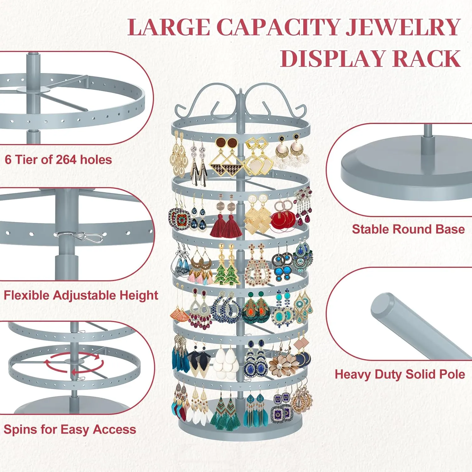 MODOWEY 6 Tier Rotating Metal Earring Holder Organizer Stand Adjustable Display Tree for Women, 264 Holes Large Storage Rack for Stud Post Dangling Hoop, Keep Earrings Neatly Arranged(Grey)