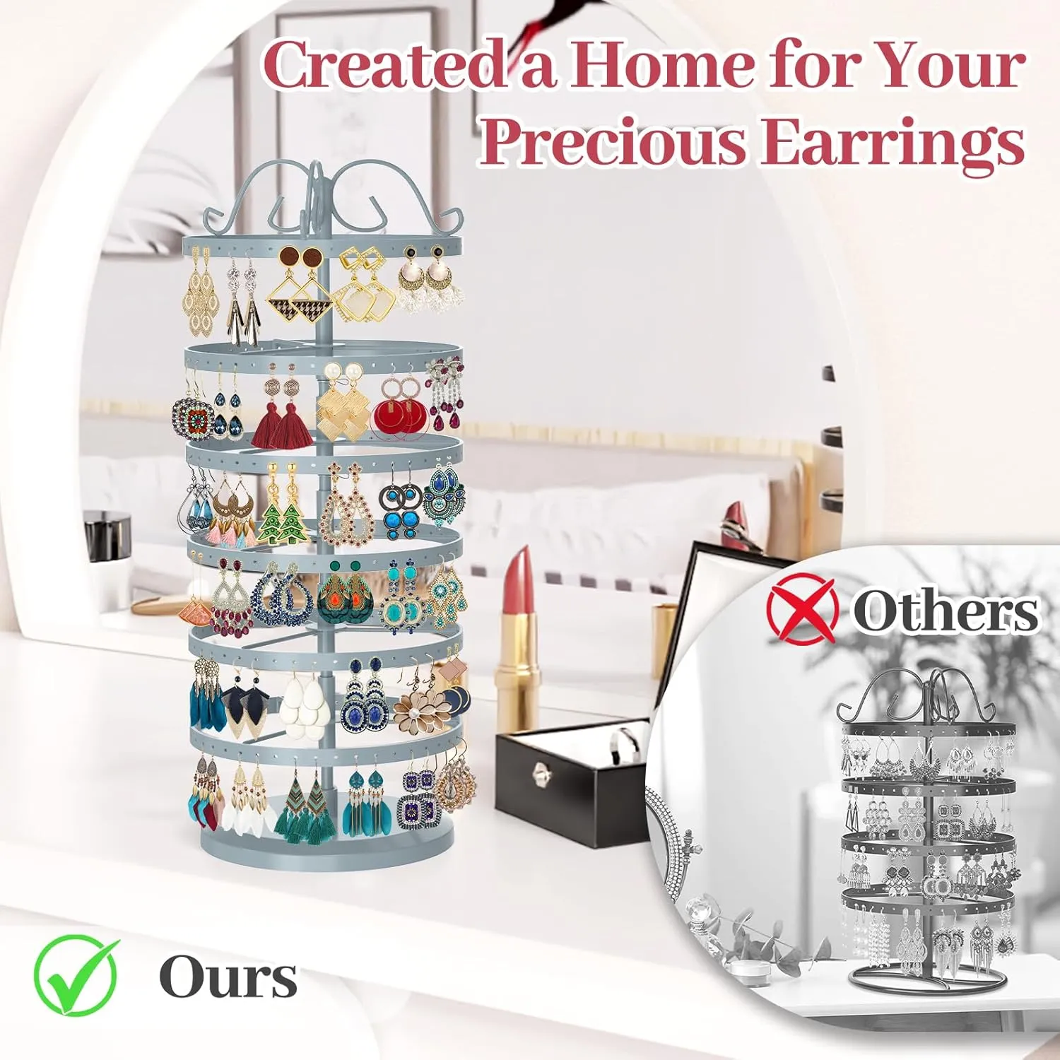 MODOWEY 6 Tier Rotating Metal Earring Holder Organizer Stand Adjustable Display Tree for Women, 264 Holes Large Storage Rack for Stud Post Dangling Hoop, Keep Earrings Neatly Arranged(Grey)