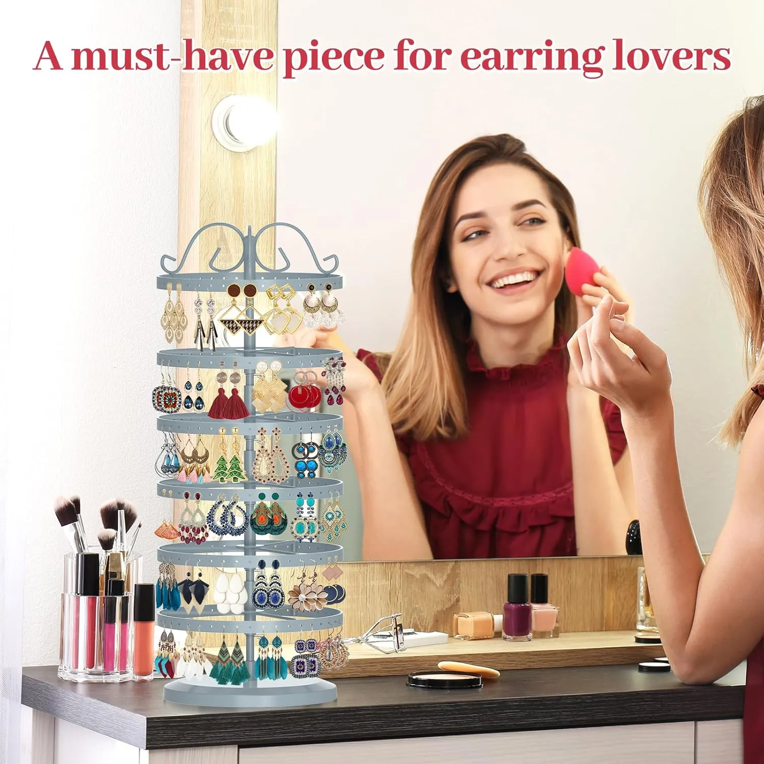 MODOWEY 6 Tier Rotating Metal Earring Holder Organizer Stand Adjustable Display Tree for Women, 264 Holes Large Storage Rack for Stud Post Dangling Hoop, Keep Earrings Neatly Arranged(Grey)
