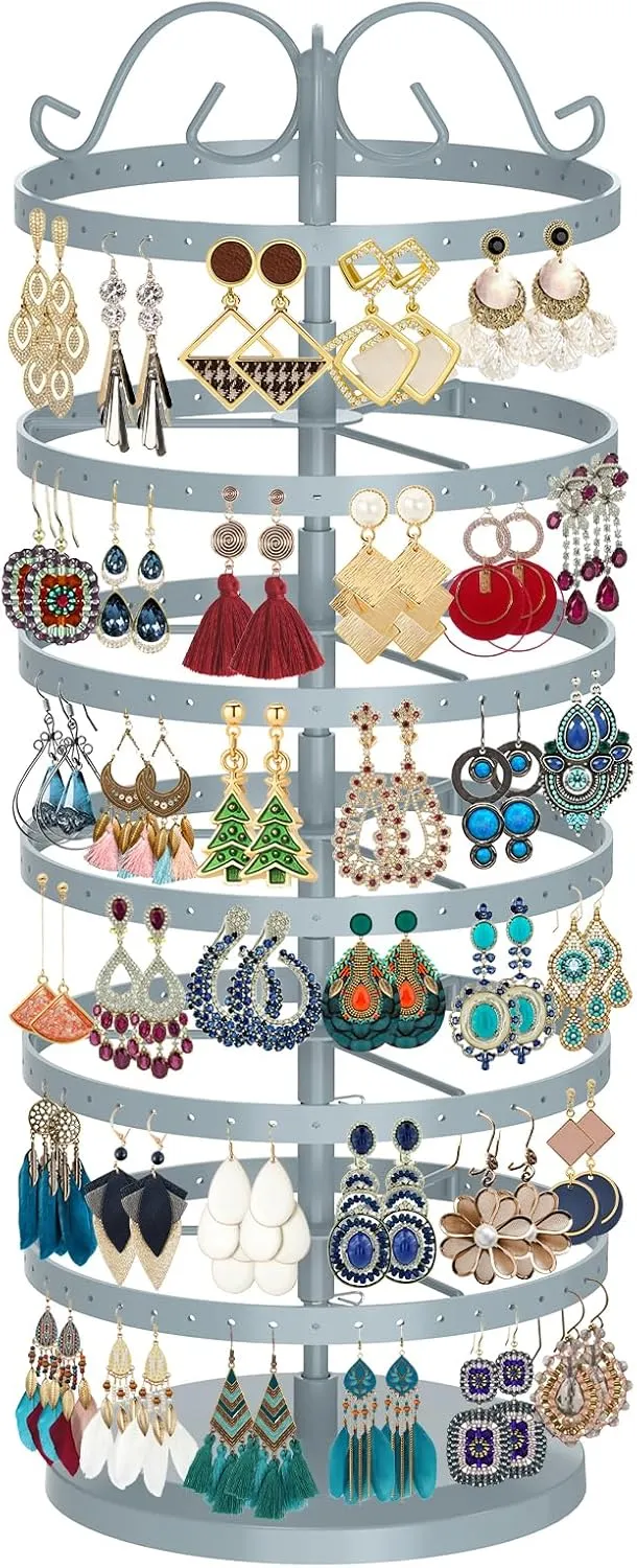MODOWEY 6 Tier Rotating Metal Earring Holder Organizer Stand Adjustable Display Tree for Women, 264 Holes Large Storage Rack for Stud Post Dangling Hoop, Keep Earrings Neatly Arranged(Grey)