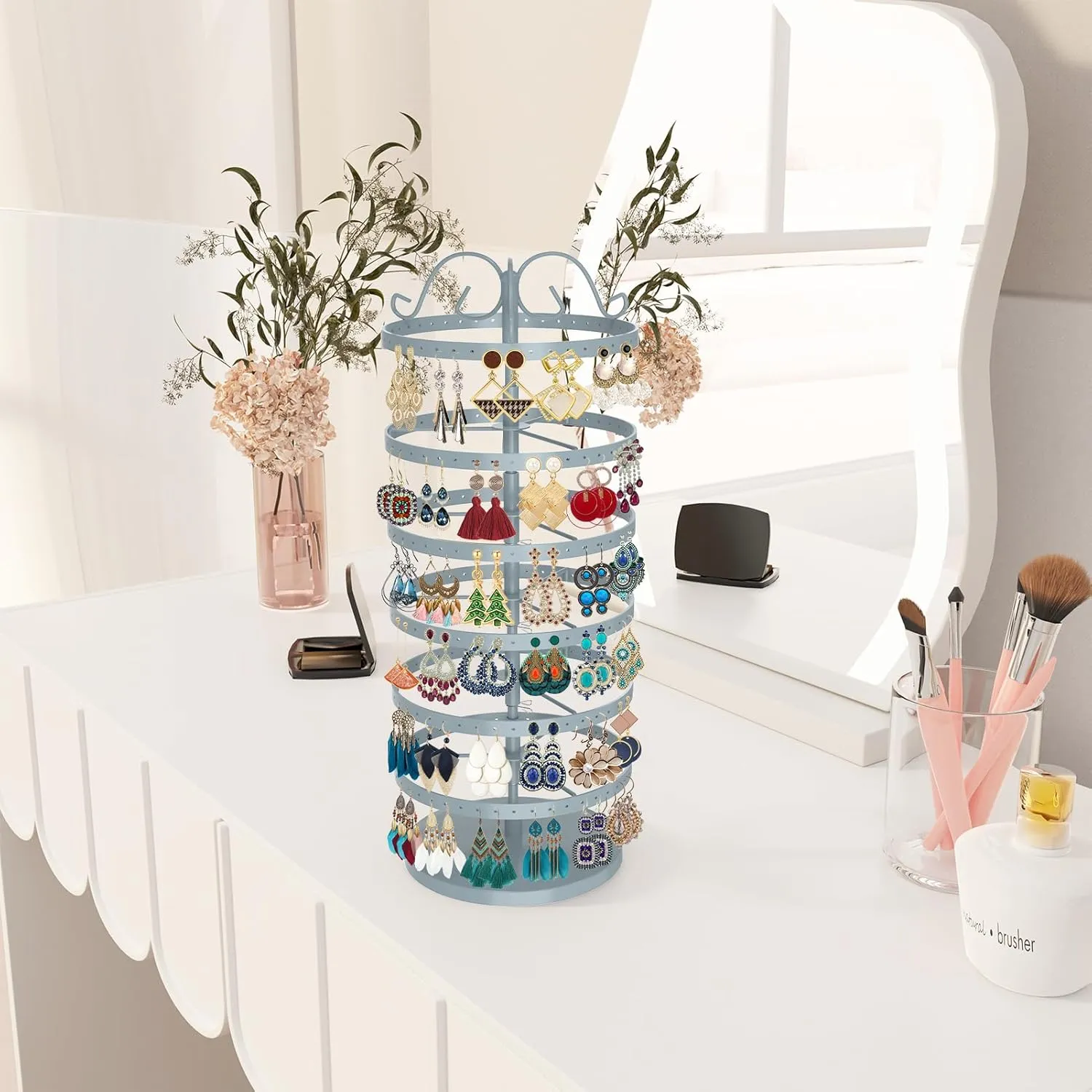 MODOWEY 6 Tier Rotating Metal Earring Holder Organizer Stand Adjustable Display Tree for Women, 264 Holes Large Storage Rack for Stud Post Dangling Hoop, Keep Earrings Neatly Arranged(Grey)