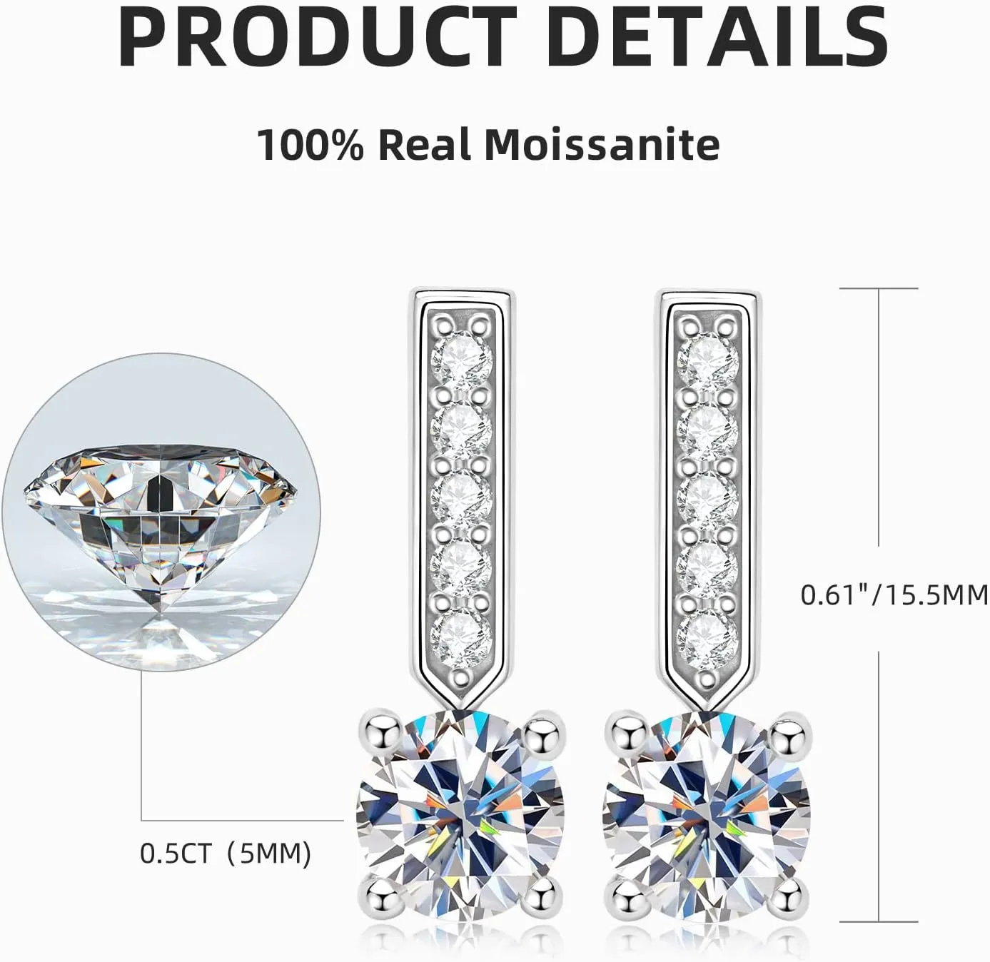 Moissanite Dangle Earrings for Women, 925 Sterling Silver Short Long Drop Earrings 1-4CT D-E Color VVS1 Moissanite Wedding Earrings for Brides Bridesmaid Jewelry Gifts