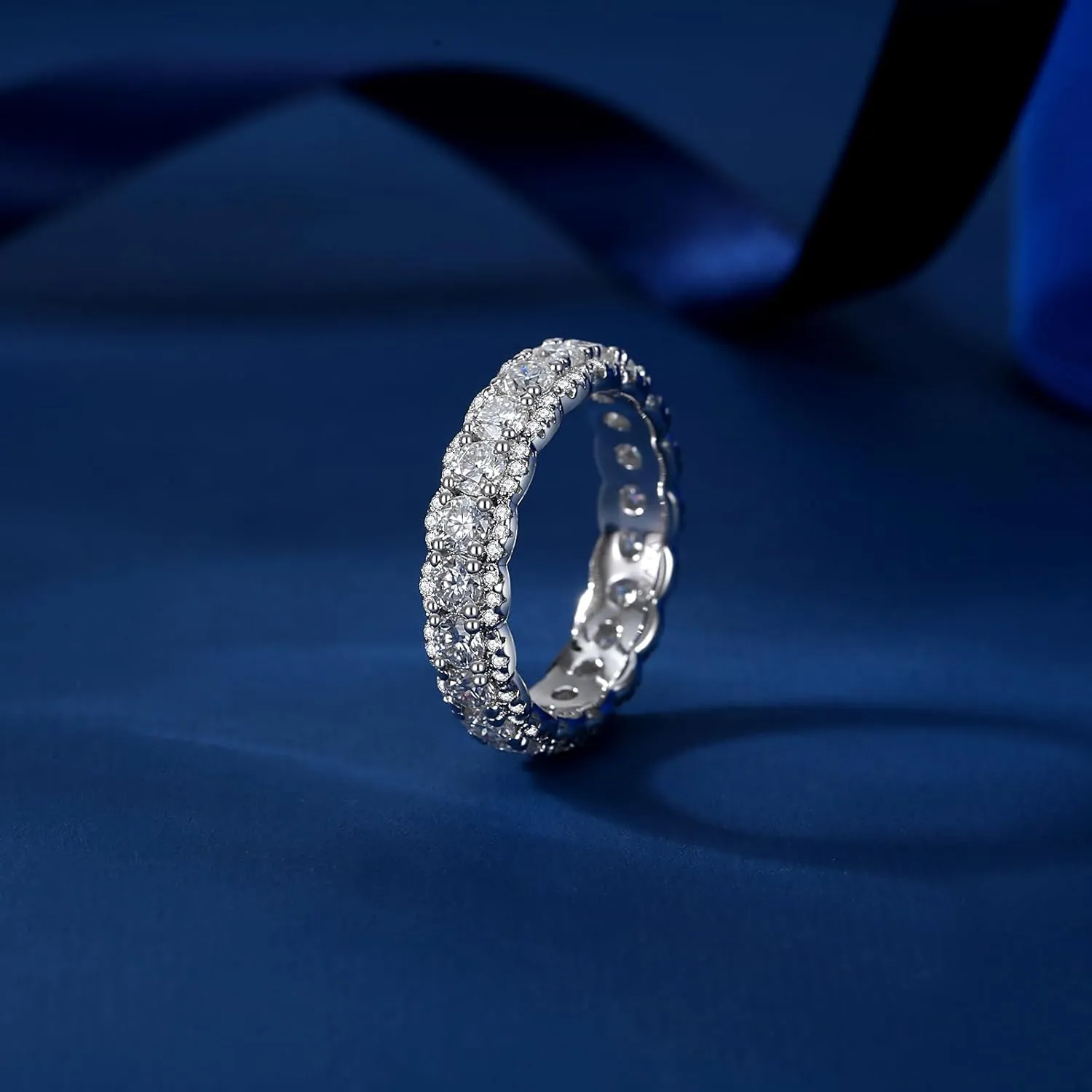 Moissanite Eternity Ring for Women Round Cut D Color VVS1 Moissanite Wedding Band, S925 Sterling Silver 18K White Gold Plated Promise Engagement Rings for Women