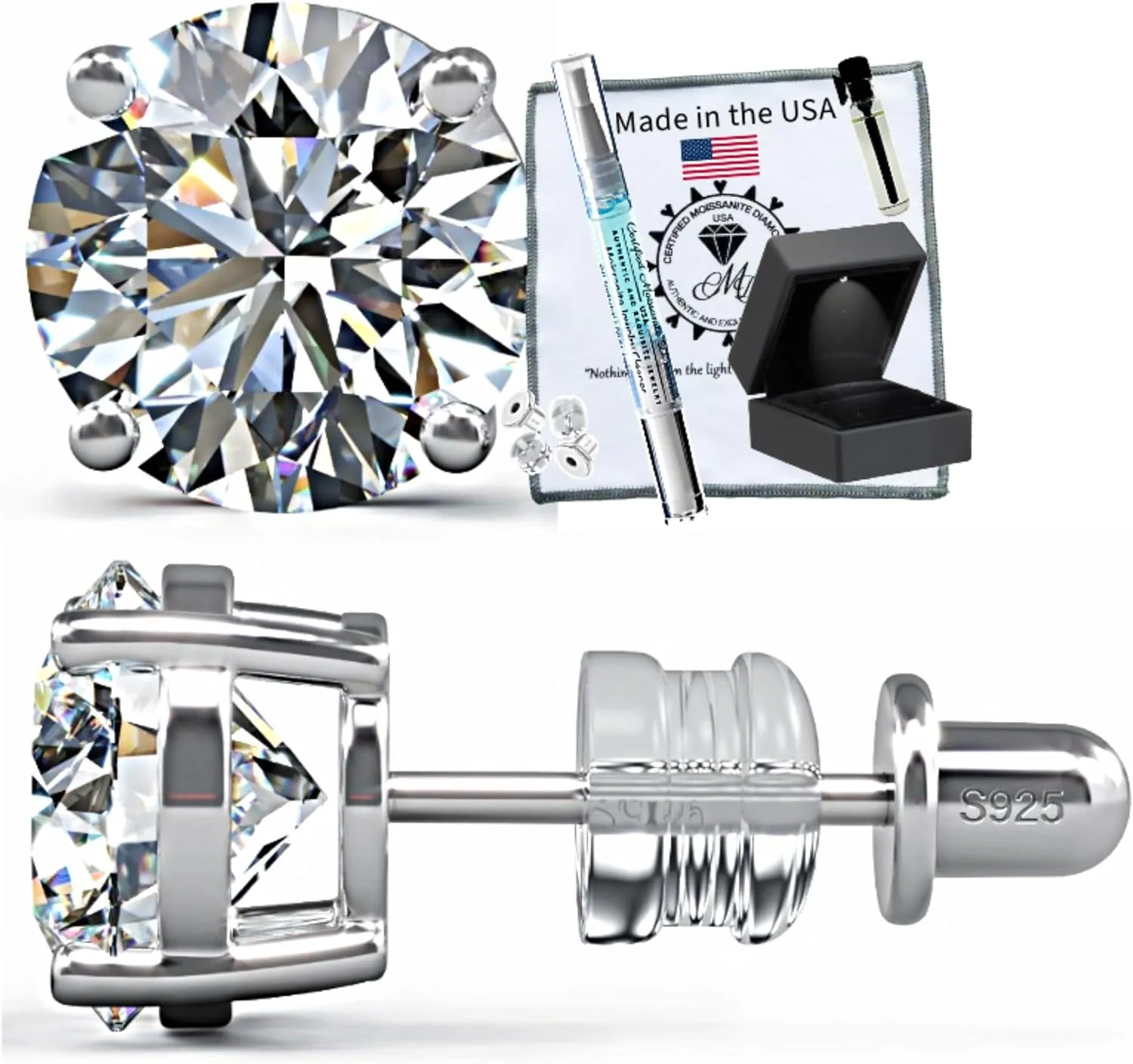 Moissanite Stud Earrings No Poke Screw Back, 4 or 6 Prong Hypoallergenic, Brilliant Round Cut, 18K White Gold-Filled Vermeil, Lab Grown D Color VVS1 Clarity, GRA Certified & Engraved, Ready to Gift