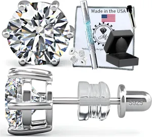 Moissanite Stud Earrings No Poke Screw Back, 4 or 6 Prong Hypoallergenic, Brilliant Round Cut, 18K White Gold-Filled Vermeil, Lab Grown D Color VVS1 Clarity, GRA Certified & Engraved, Ready to Gift