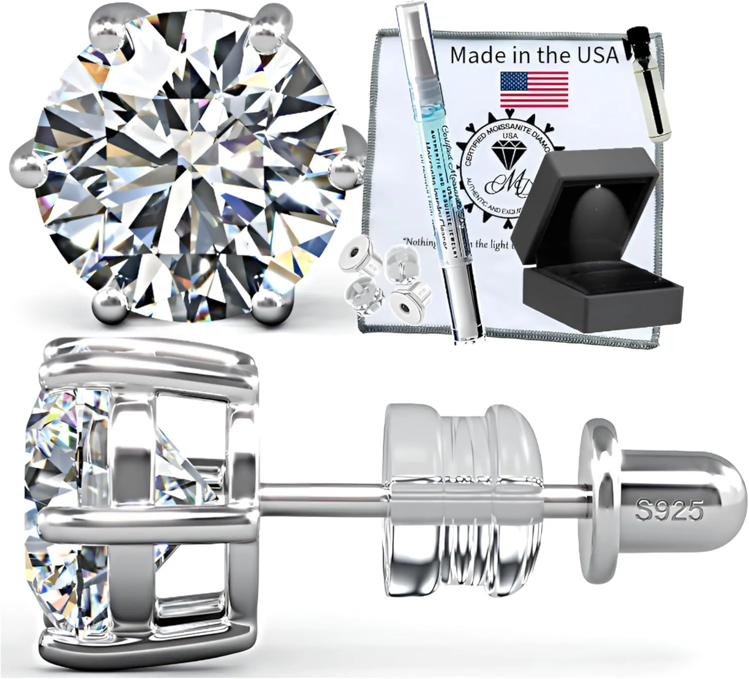 Moissanite Stud Earrings No Poke Screw Back, 4 or 6 Prong Hypoallergenic, Brilliant Round Cut, 18K White Gold-Filled Vermeil, Lab Grown D Color VVS1 Clarity, GRA Certified & Engraved, Ready to Gift