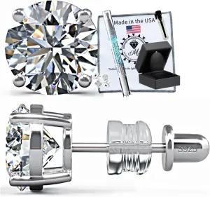 Moissanite Stud Earrings No Poke Screw Back, 4 or 6 Prong Hypoallergenic, Brilliant Round Cut, 18K White Gold-Filled Vermeil, Lab Grown D Color VVS1 Clarity, GRA Certified & Engraved, Ready to Gift